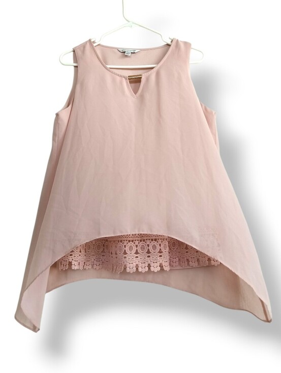 Counterparts Tops - Counterparts Soft Pink Lace-Trim Sheer Tank Shark Bite Boho Lace Flowy Oversized